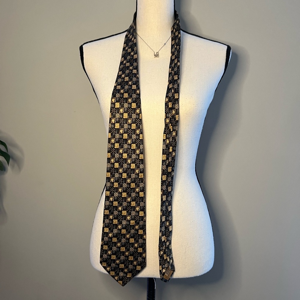 Vtge Today's Man 100% Silk Tie Made in Italy Tan Teal Blu Check Grid Pattern 58"